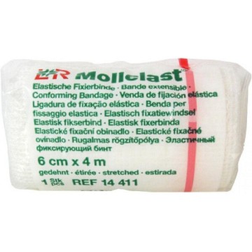 Obinadlo elastické fixační ref 14411—Mollelast, jednotlivě v celofánu, 6 cm x 4 m,1ks