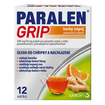 Paralen Grip Horký nápoj Pomeranč a Zázvor—500mg/10mg, 12 sáčků