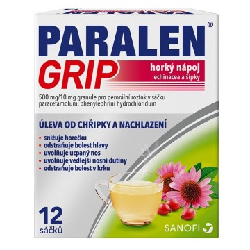 Paralen Grip Horký nápoj Echinacea a Šípky—500mg/10mg, 12 sáčků